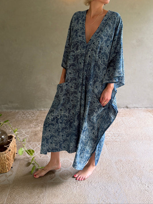 Indigo Seashells | Handblock Cotton Caftan