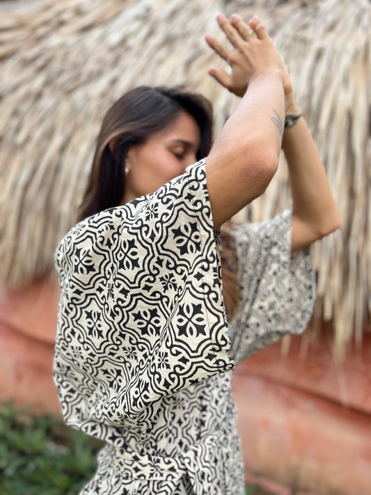 Beige Tiles | Hand Block Cotton Robe