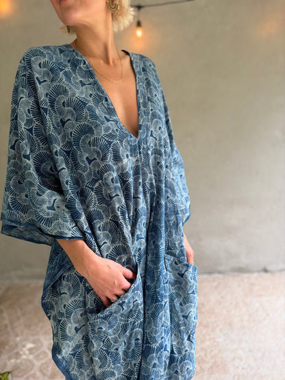 Indigo Seashells | Handblock Cotton Caftan