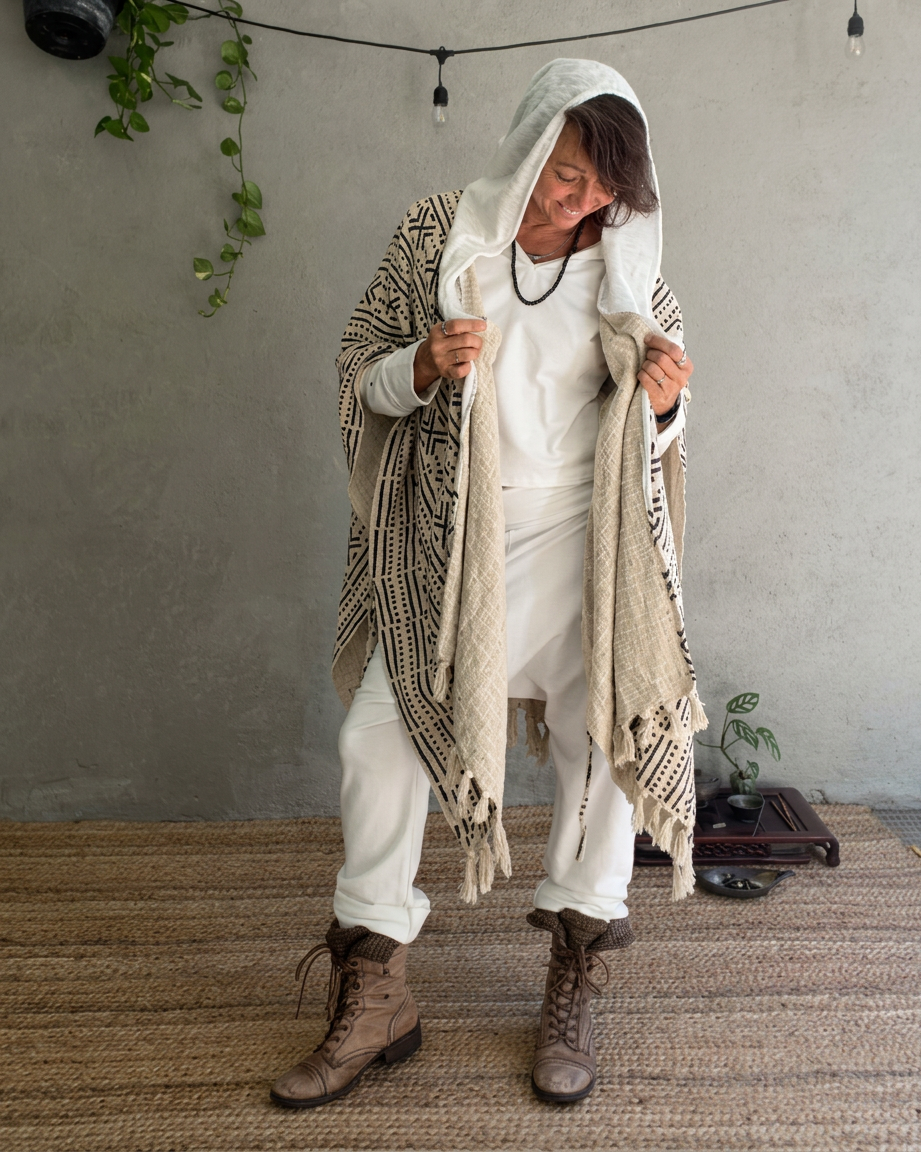 a woman standing in glorka handblock printed poncho with white hood