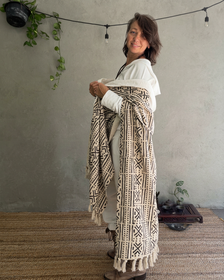 a woman standing in glorka handblock printed poncho with white hood