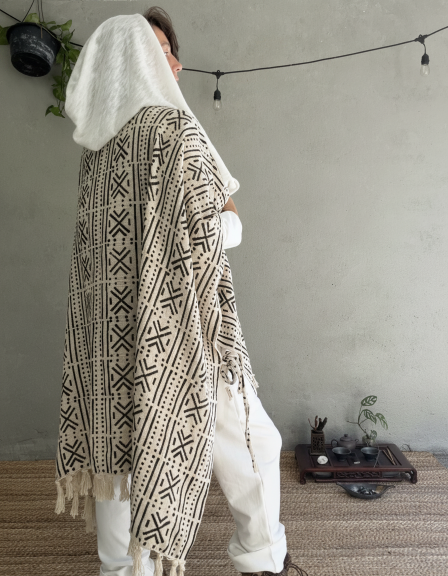 a woman standing in glorka handblock printed poncho with white hood