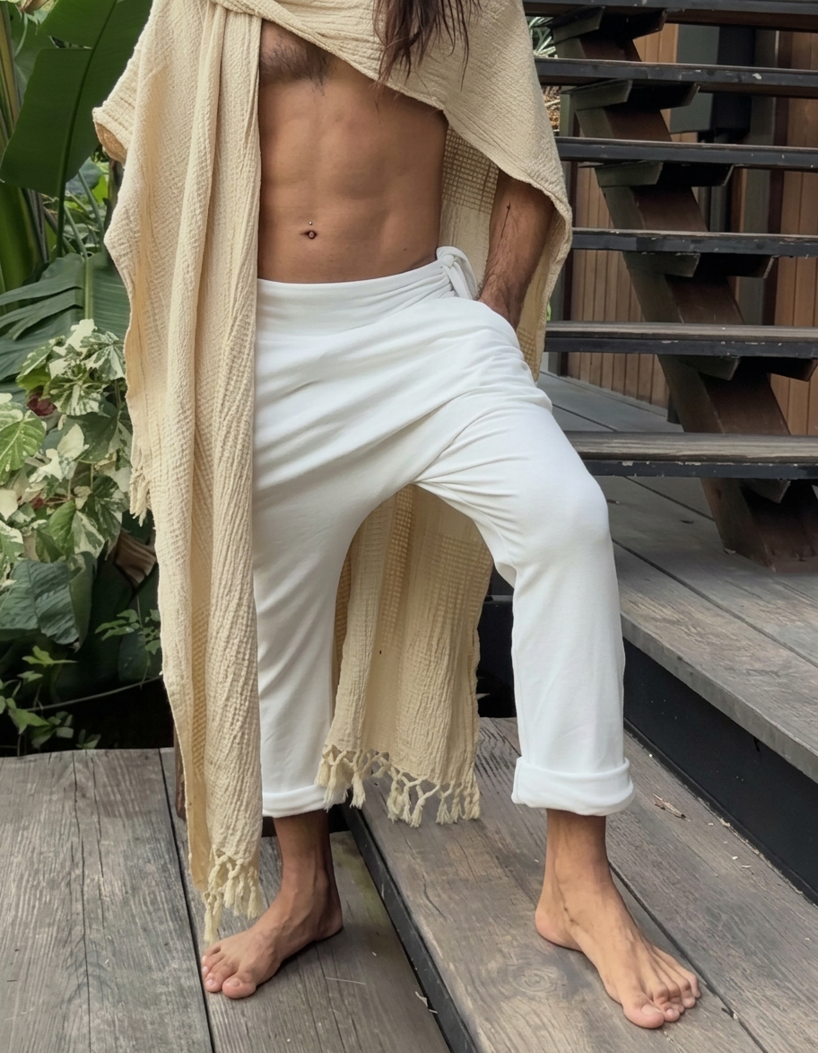 Person wearing a beige towel and white pants on a wooden deck